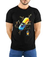 Enchanted Pill T-Shirt Whimsical Capsule Lantern - model wearing black shirt, hands behind back