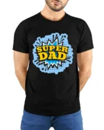 Super Dad Comic Hero Father’s Day T-Shirt - model wearing black shirt, hands behind back