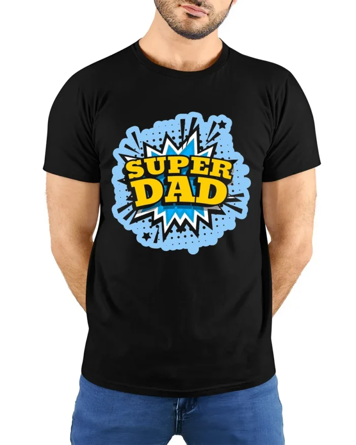Super Dad Comic Hero Father’s Day T-Shirt - model wearing black shirt, hands behind back