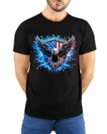American Eagle Shield Tee Patriotic USA T-Shirt - model wearing black shirt, hands behind back