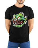 Vinyl Disorder Fish Funny Angry Fish T-Shirt - model wearing black shirt, hands behind back