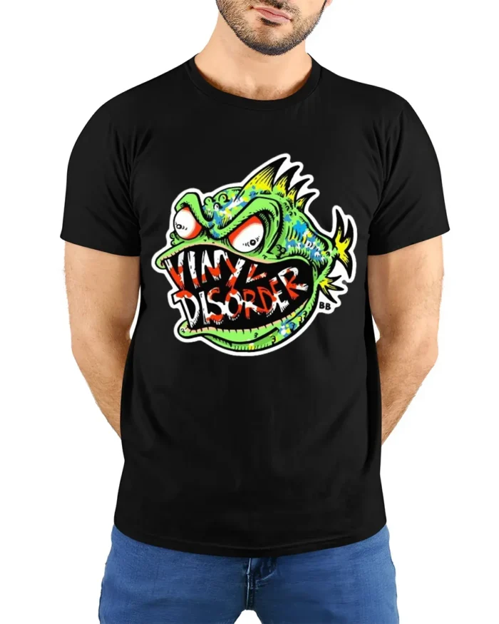 Vinyl Disorder Fish Funny Angry Fish T-Shirt - model wearing black shirt, hands behind back