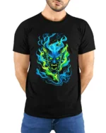 Neon Demon Face Colorful Monster Graphic T-Shirt - model wearing black shirt, hands behind back