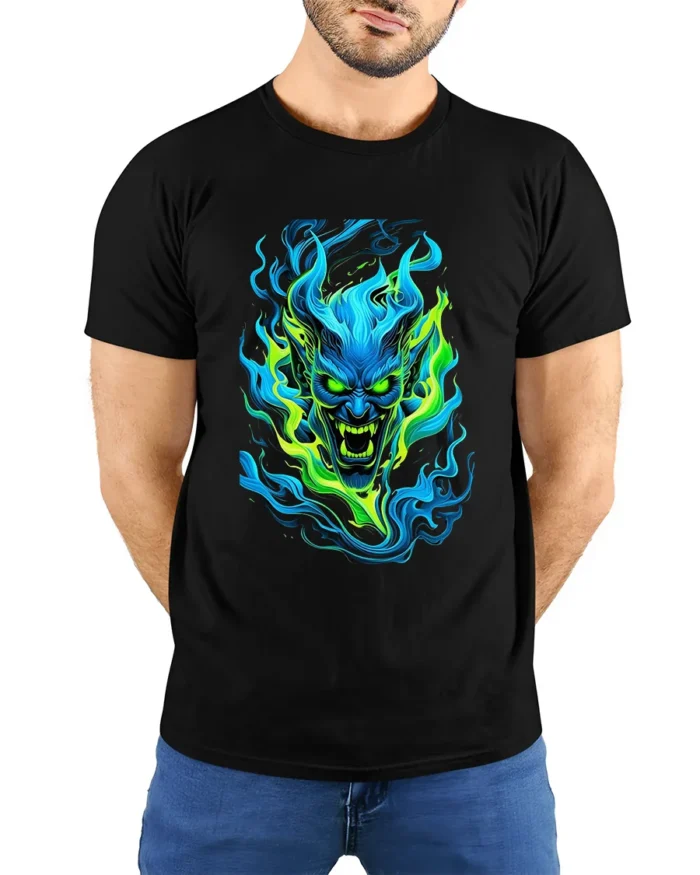 Neon Demon Face Colorful Monster Graphic T-Shirt - model wearing black shirt, hands behind back