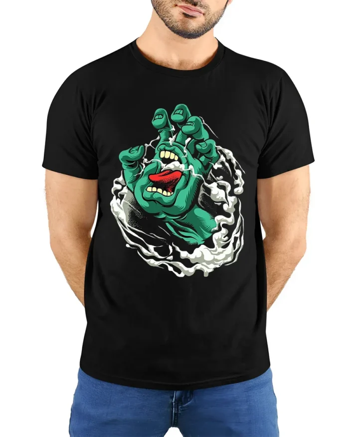 Santa Cruz Hand Iconic Skate T-Shirt Now - model wearing black shirt, hands behind back