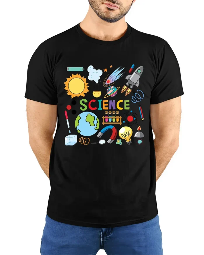 Science Fun Cool STEM Learning T-Shirt Gift - model wearing black shirt, hands behind back