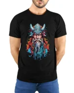 Viking Warrior Colorful Norse Mythology T-Shirt - model wearing black shirt, hands behind back