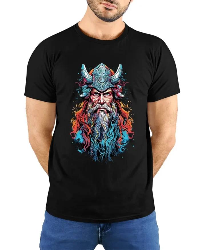 Viking Warrior Colorful Norse Mythology T-Shirt - model wearing black shirt, hands behind back