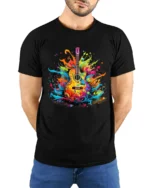 Groovy Guitar Tee Colorful Music Graphic Shirt - model wearing black shirt, hands behind back