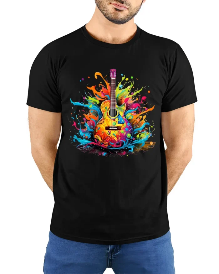 Groovy Guitar Tee Colorful Music Graphic Shirt - model wearing black shirt, hands behind back