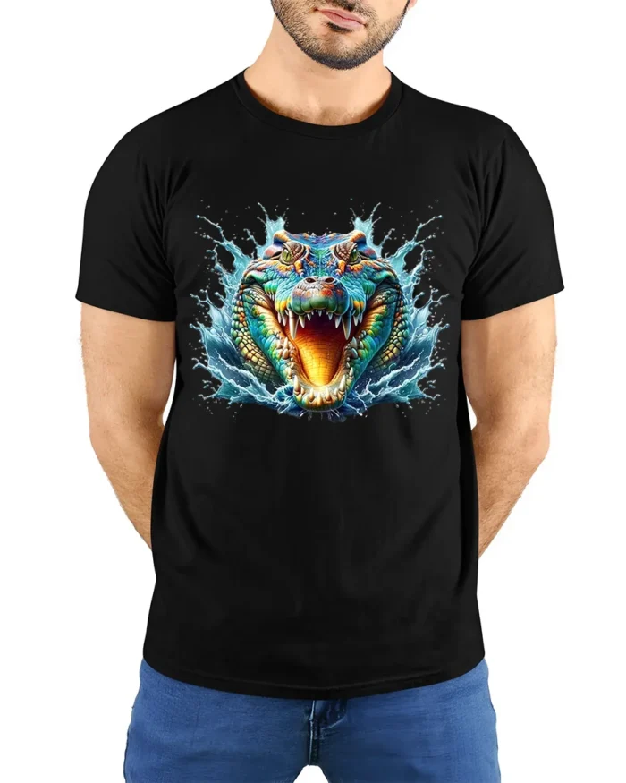 Swamp Gator T-Shirt Fierce Alligator Head Tee - model wearing black shirt, hands behind back