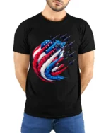 American Pride T-Shirt Fighter Jets Flag Tee - model wearing black shirt, hands behind back
