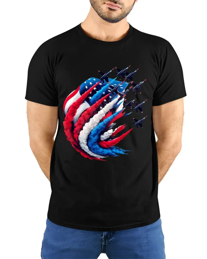 American Pride T-Shirt Fighter Jets Flag Tee - model wearing black shirt, hands behind back