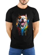 Colorful Bully Tee American Bully Dog Art T-Shirt - model wearing black shirt, hands behind back