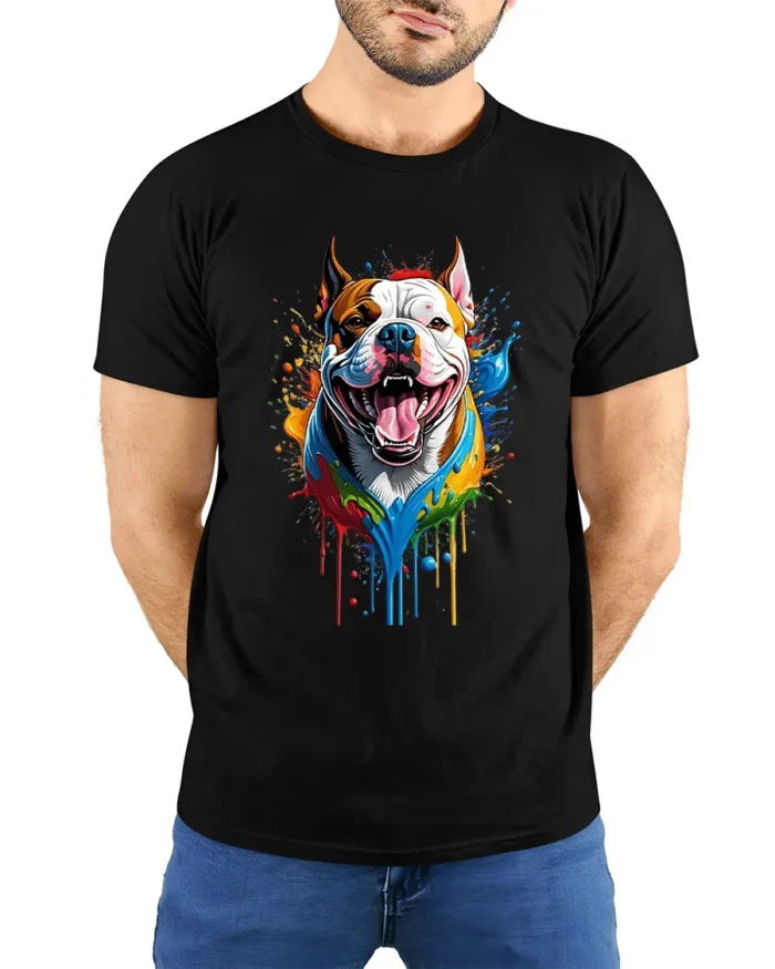 Colorful Bully Tee American Bully Dog Art T-Shirt - model wearing black shirt, hands behind back