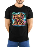 2025 Family Vacation T-Shirt Summer Trip Tee - model wearing black shirt, hands behind back