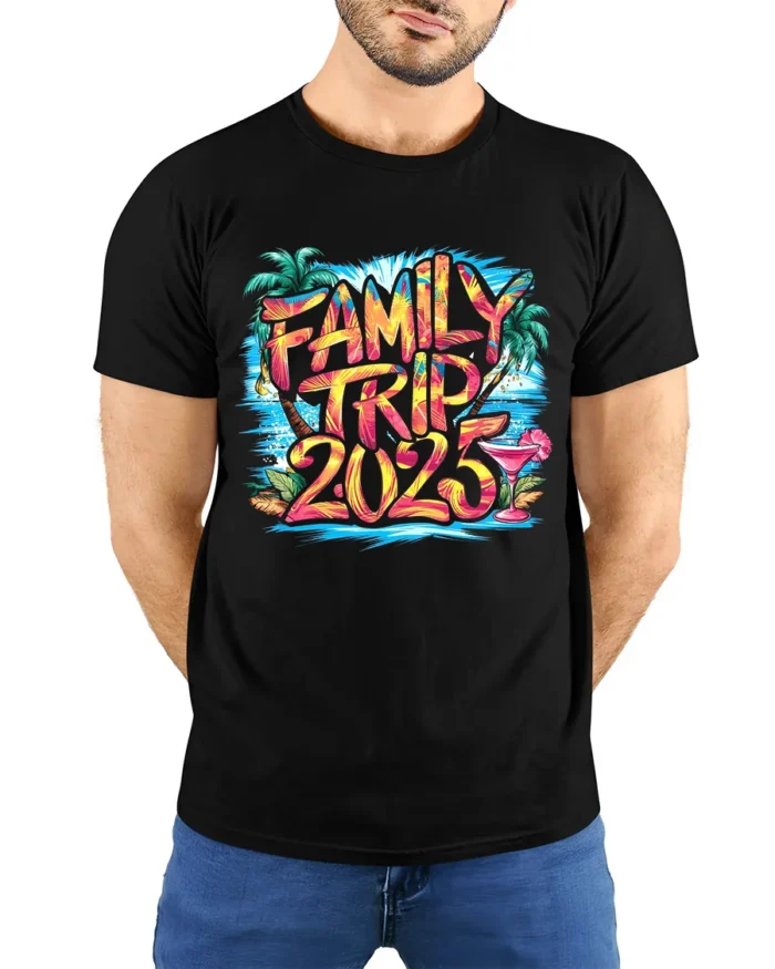 2025 Family Vacation T-Shirt Summer Trip Tee - model wearing black shirt, hands behind back