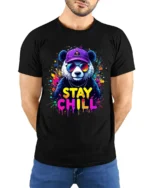 Stay Chill Panda T-Shirt Relaxed Bear Tee Now - model wearing black shirt, hands behind back