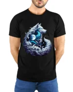 Moon Howl Wolf Cosmic Lunar Animal T-Shir - model wearing black shirt, hands behind back