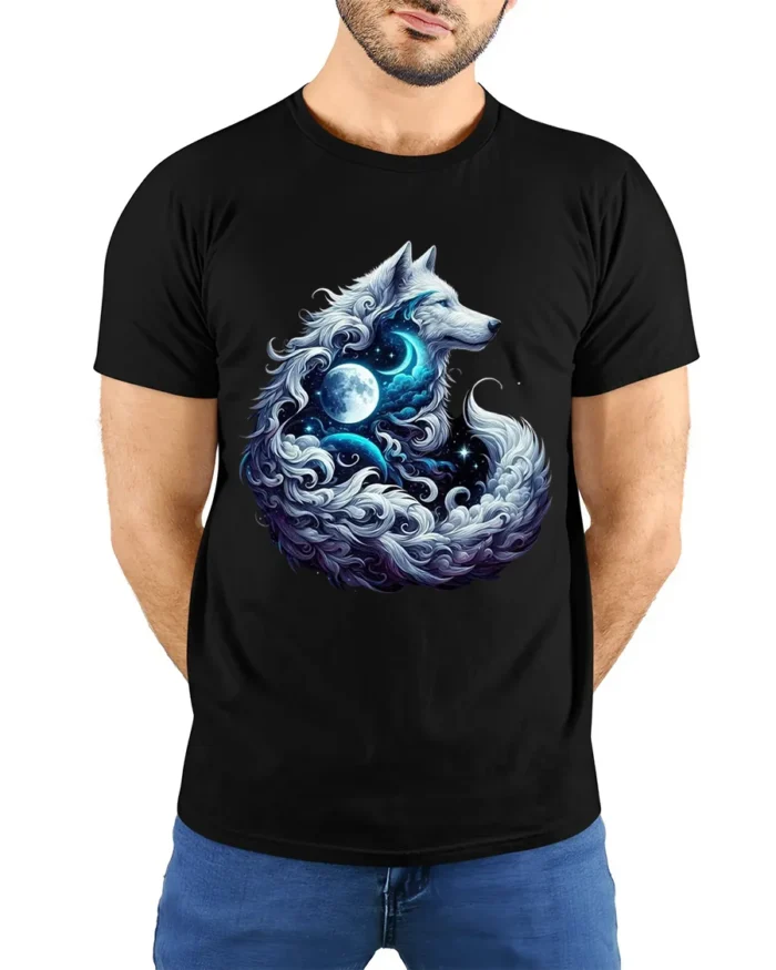 Moon Howl Wolf Cosmic Lunar Animal T-Shir - model wearing black shirt, hands behind back