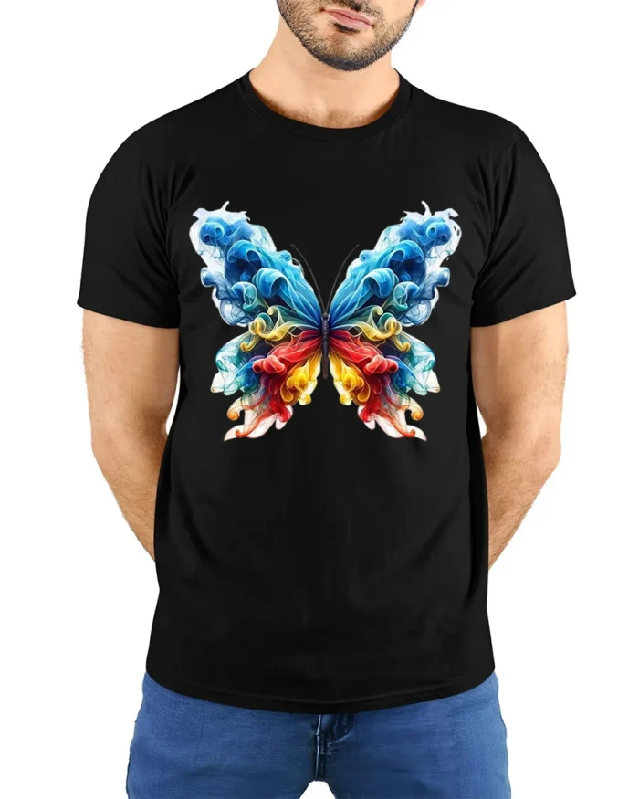 Smoke Butterfly Colorful Abstract Art T-Shirt - model wearing black shirt, hands behind back