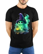Cute Witch Ghost Funny Halloween Spirit T-Shirt - model wearing black shirt, hands behind back