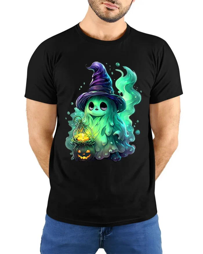 Cute Witch Ghost Funny Halloween Spirit T-Shirt - model wearing black shirt, hands behind back