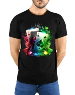 Ace Card Colorful Poker Hand T-Shirt Gif - model wearing black shirt, hands behind back