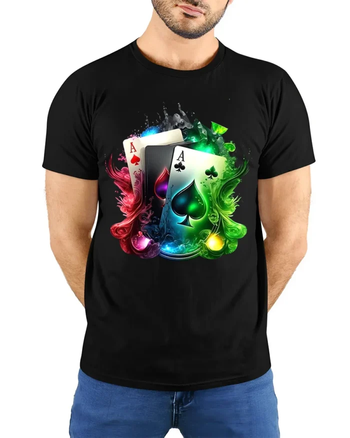 Ace Card Colorful Poker Hand T-Shirt Gif - model wearing black shirt, hands behind back
