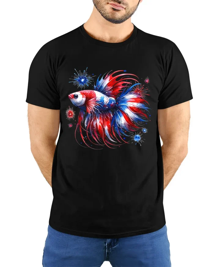 Red White Blue Fish T-Shirt American Betta Tee - model wearing black shirt, hands behind back