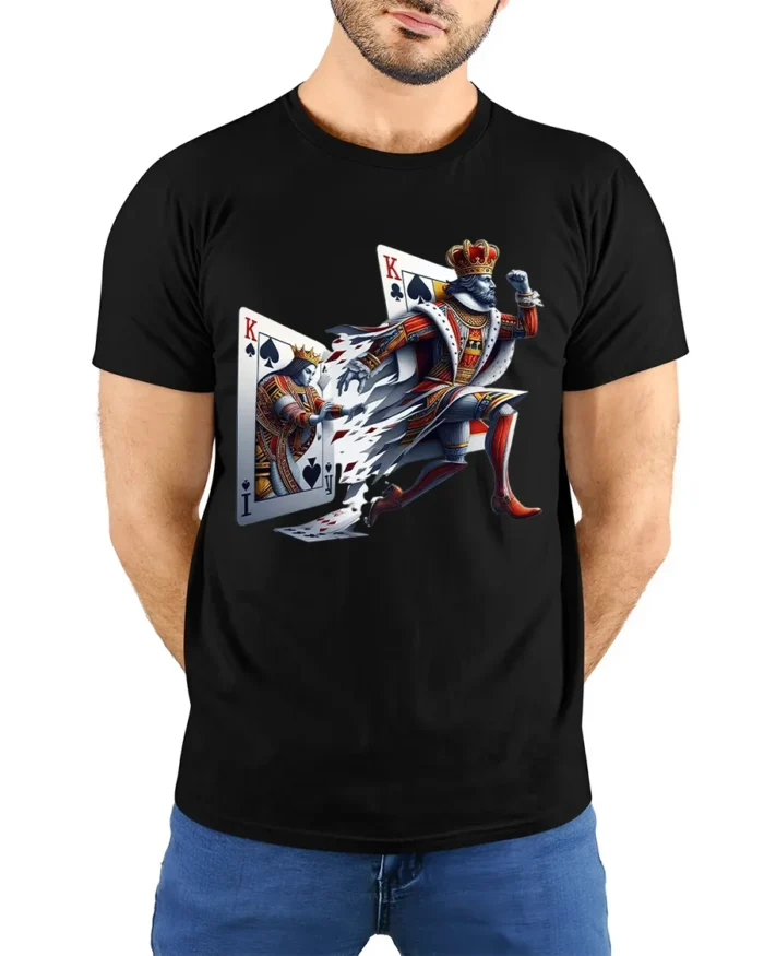 Breaking King Ace Card Poker T-Shirt Graphic - model wearing black shirt, hands behind back