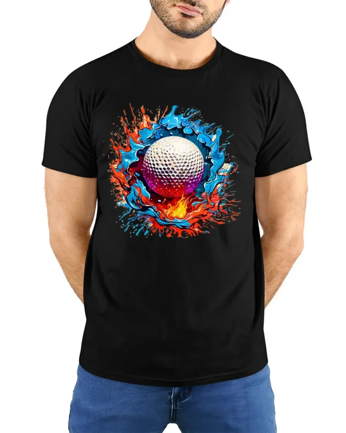 Splash Golf Colorful Golf Ball Graphic T-Shirt - model wearing black shirt, hands behind back