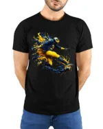 Michigan Wolverines Splash Football Fan T-Shirt - model wearing black shirt, hands behind back