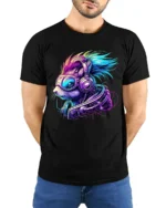 Cyber Squirrel Futuristic Animal Graphic T-Shirt - model wearing black shirt, hands behind back