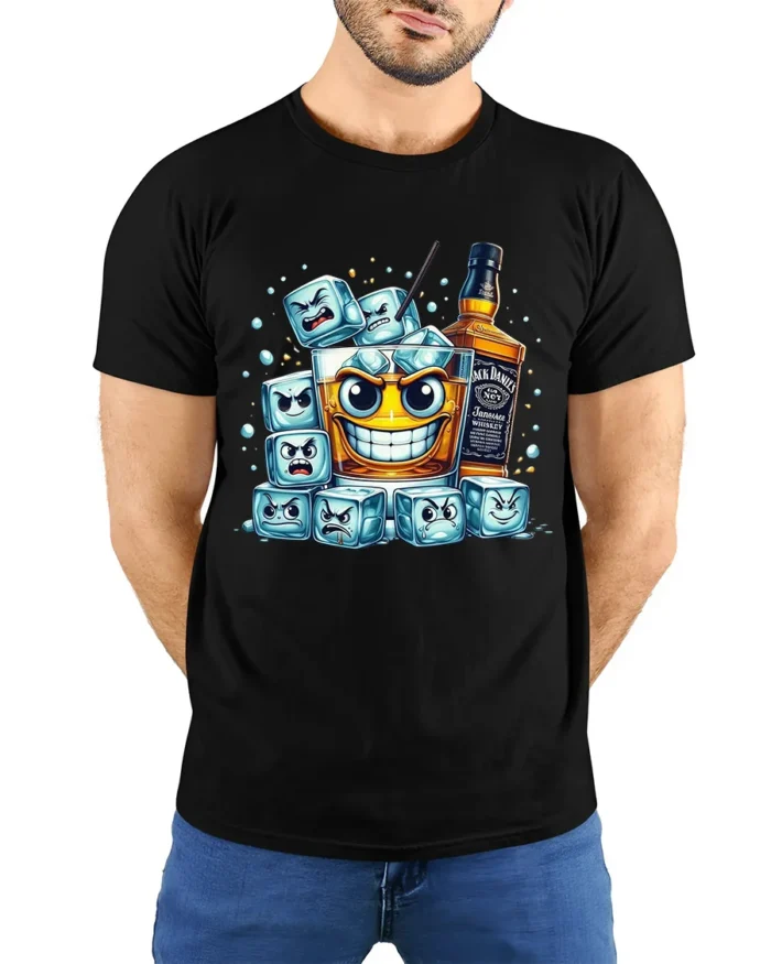 Whiskey Mood Funny Drink Ice Cube T-Shirt - model wearing black shirt, hands behind back