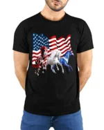 USA Flag Horses Patriotic American Pride T-Shirt - model wearing black shirt, hands behind back