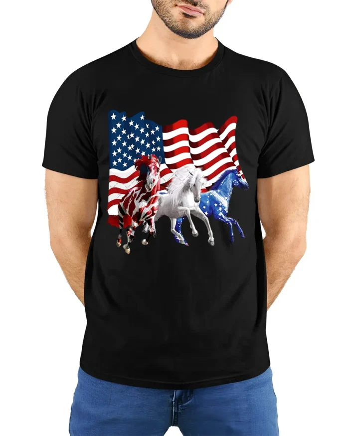 USA Flag Horses Patriotic American Pride T-Shirt - model wearing black shirt, hands behind back