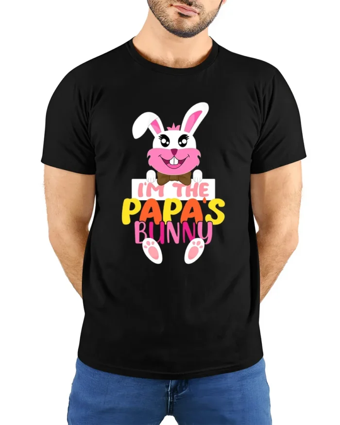I’m Papa’s Bunny T-Shirt Funny Easter Dad Tee - model wearing black shirt, hands behind back
