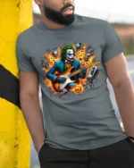 Joker Guitar Hero Funny Villain Music T-Shirt - model in grey shirt leaning against column