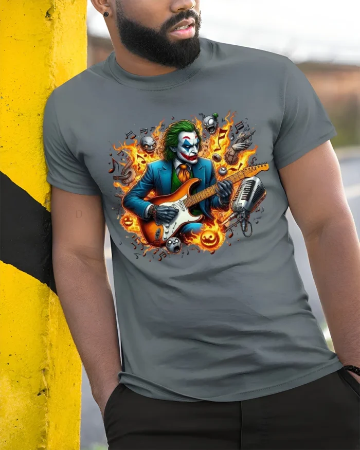 Joker Guitar Hero Funny Villain Music T-Shirt - model in grey shirt leaning against column