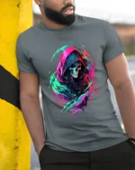 Neon Reaper Colorful Grim Reaper Graphic T-Shirt - model in grey shirt leaning against column