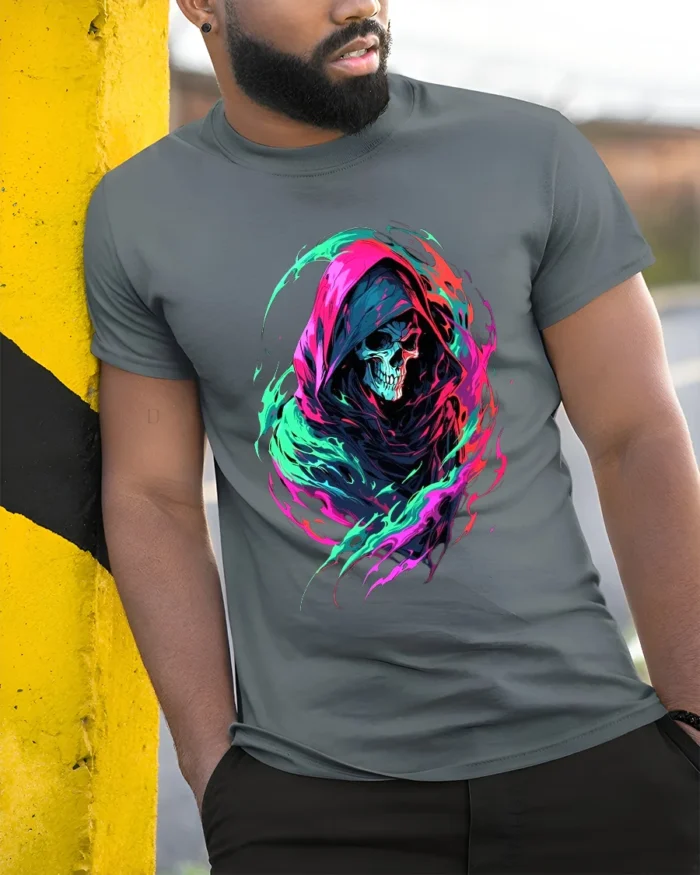Neon Reaper Colorful Grim Reaper Graphic T-Shirt - model in grey shirt leaning against column