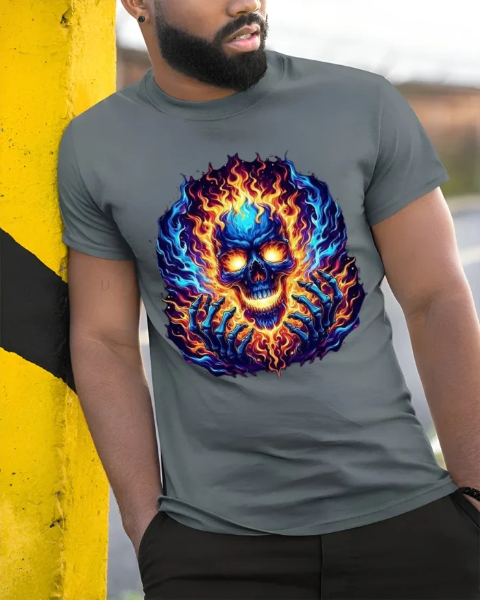 Burning Skull Hands T-Shirt Edgy Fire Skull Tee - model in grey shirt leaning against column