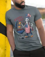 Skeleton BBQ T-Shirt Funny 4th of July Grill Tee - model in grey shirt leaning against column