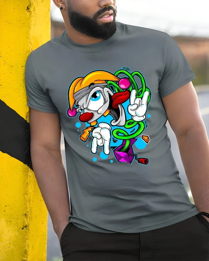 Groovy Clown T-Shirt Cool Cartoon Peace Sign Tee - model in grey shirt leaning against column