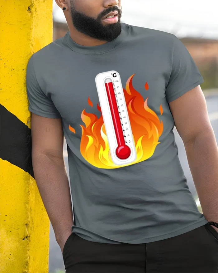 Hot Temperature Thermometer in Flames T-Shirt - model in grey shirt leaning against column