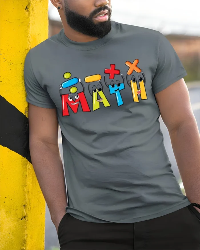 Funny Math Symbols Cool Teacher Student T-Shirt - model in grey shirt leaning against column