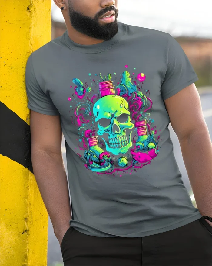 Neon Skull Garden T-Shirt Vibrant Skull Plant - model in grey shirt leaning against column