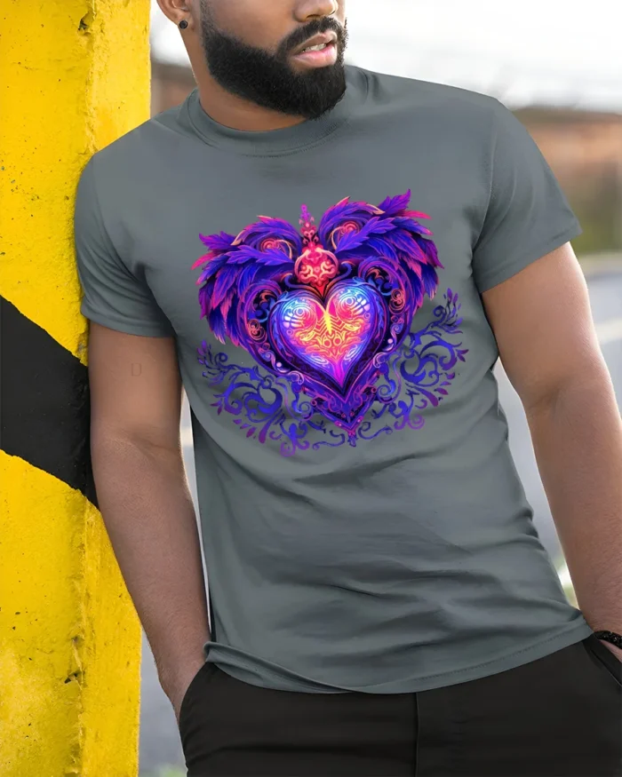 Mystic Heart Tee Intricate Colorful Heart Design - model in grey shirt leaning against column