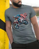 American MX Rider T-Shirt Dirt Bike Flag Tee - model in grey shirt leaning against column
